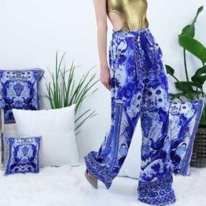 NWT Shahida Parides Chinoiserie satin wide leg elastic waist pants with pockets